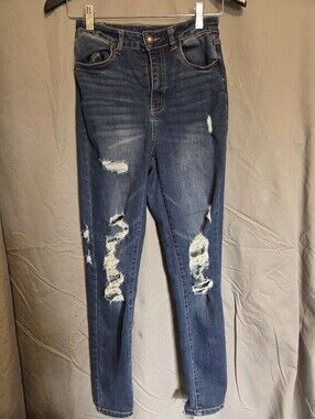 High-Rise Dark Blue Distressed Skinny Jeans